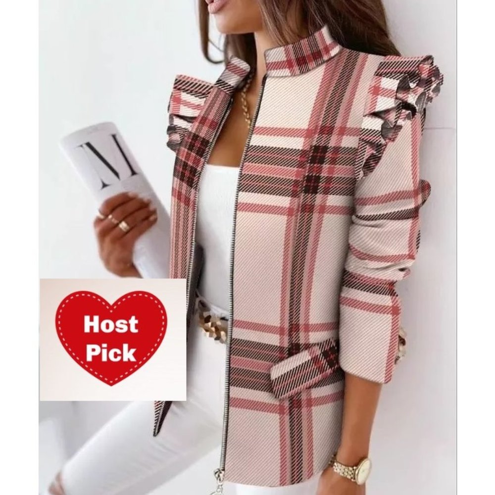 MultiColor Professional Office Blazer with Ruffled Shoulders - Full Frontal Zip - Picture 2 of 6